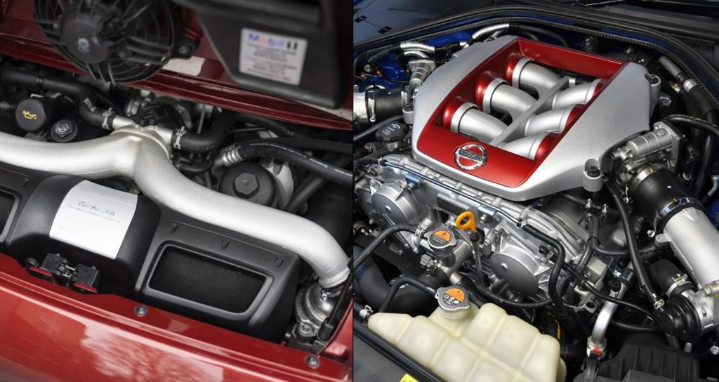 Moteurs Porsche 911 Turbo flat-six biturbo et Nissan GT-R V6 biturbo comparés