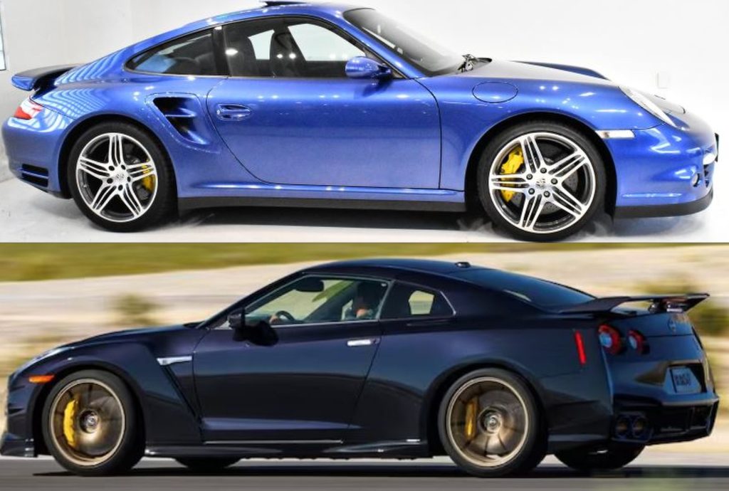 Profils Porsche 911 Turbo 997 bleue et Nissan GT-R R35 noire, silhouettes opposées