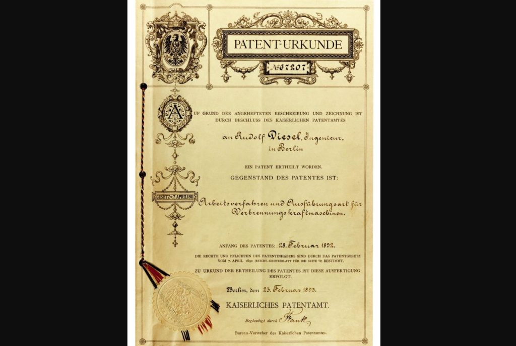 brevet moteur diesel Rudolf Diesel 1892 document original invention