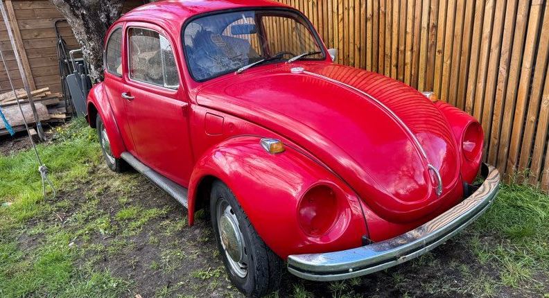 Volkswagen Cox 1302 rouge ancienne retrouvée dans un jardin