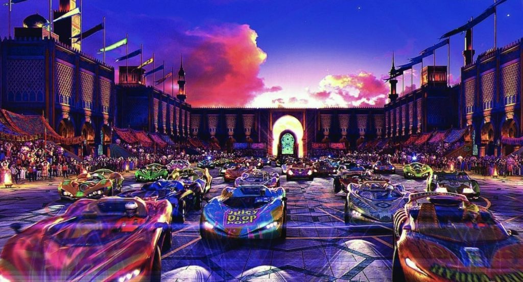 Course dans Speed Racer avec plusieurs voitures futuristes au départ