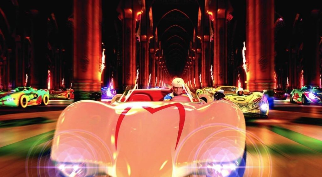 Mach 5 en pleine course dans le film Speed Racer avec effets visuels