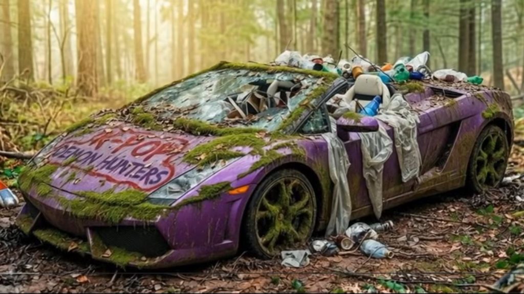 Lamborghini abandonnée recouverte de végétation dans une ambiance urbaine stylisée