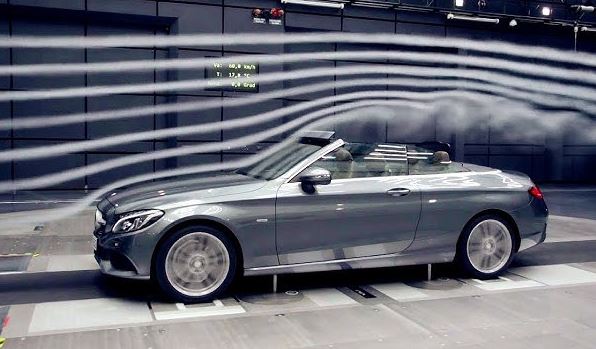 test aérodynamisme voiture cabriolet flux d’air visible en soufflerie