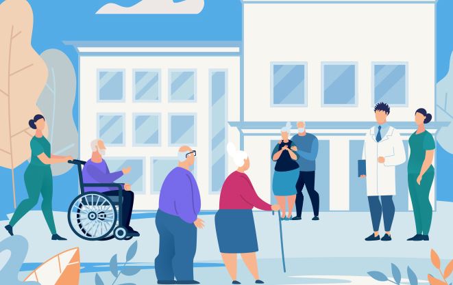 Illustration d’un établissement pour personnes âgées avec résidents et personnel soignant