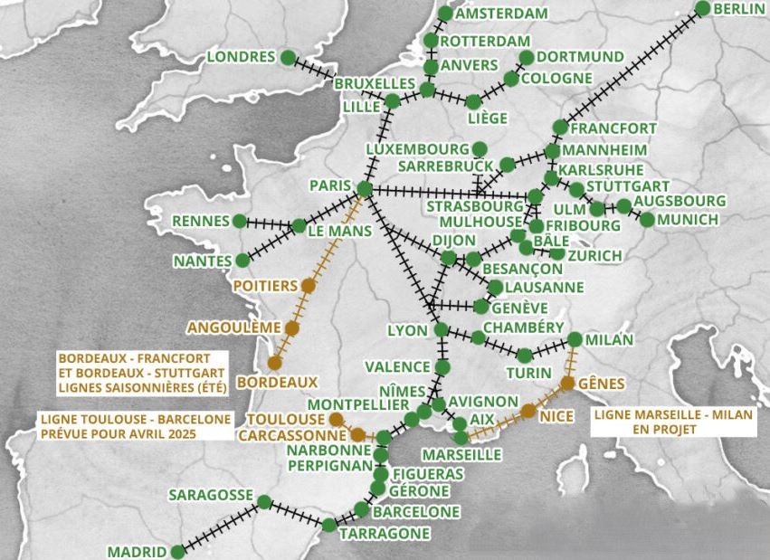 Carte du réseau ferroviaire européen SNCF et Ouigo reliant plusieurs grandes villes françaises et européennes.