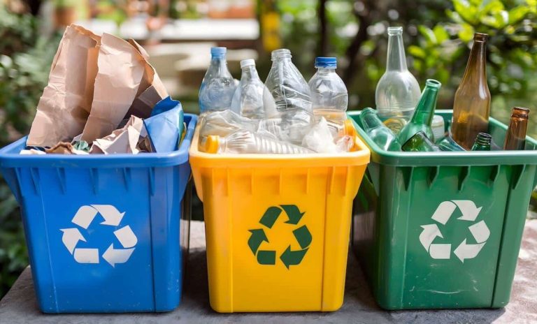Bacs de tri sélectif remplis de papier, plastique et verre à recycler