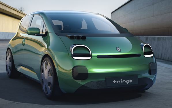 Citadine électrique Twingo verte illustrant les modèles urbains à vitesse maximale volontairement limitée.
