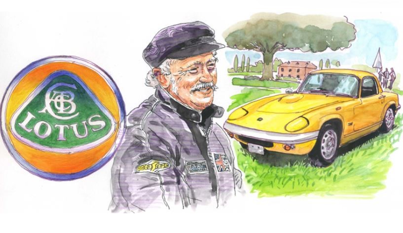 Illustration de Colin Chapman devant une Lotus Elan jaune et le logo Lotus