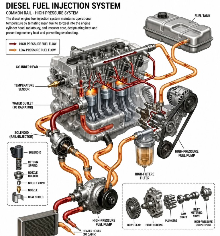 Schéma complet d’un système common rail diesel avec pompe haute pression et injecteurs