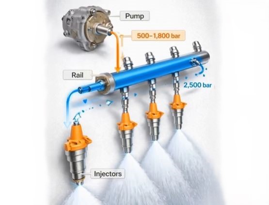 Principe du common rail avec pompe haute pression et injecteurs diesel