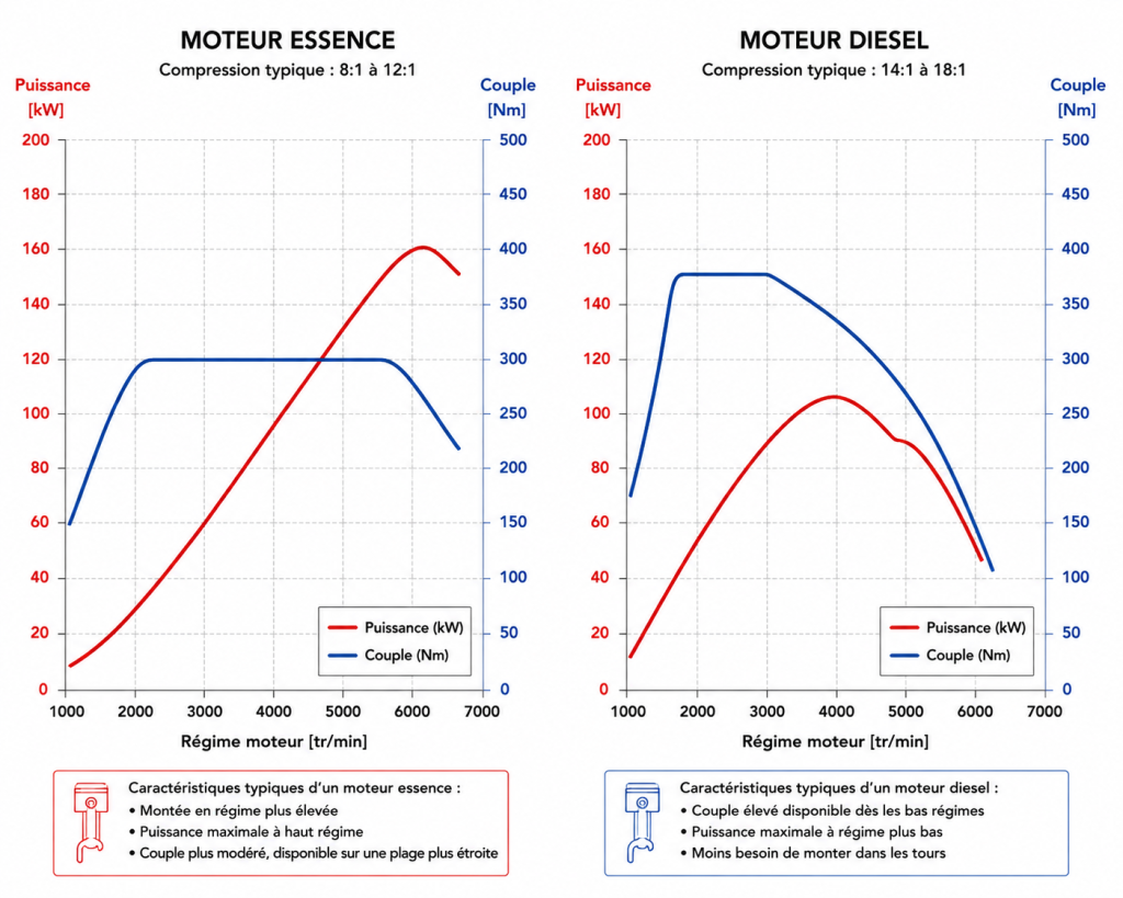 Comparaison des courbes de puissance et de couple moteur diesel vs essence