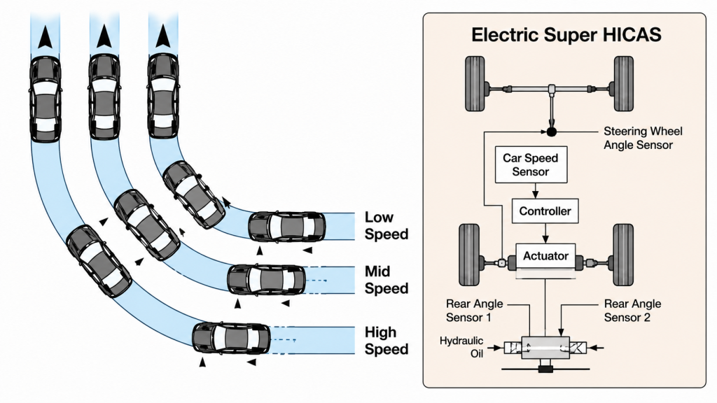 Illustration des effets du système Super HICAS selon la vitesse du véhicule