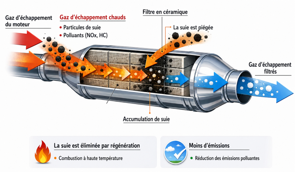 Schéma du fonctionnement d’un filtre à particules diesel avec accumulation et régénération des suies