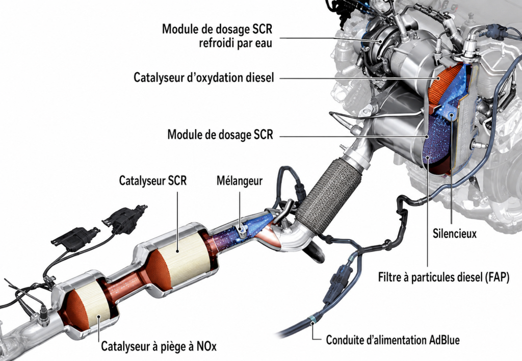 Schéma d’intégration d’un filtre à particules diesel FAP avec système SCR et injection AdBlue