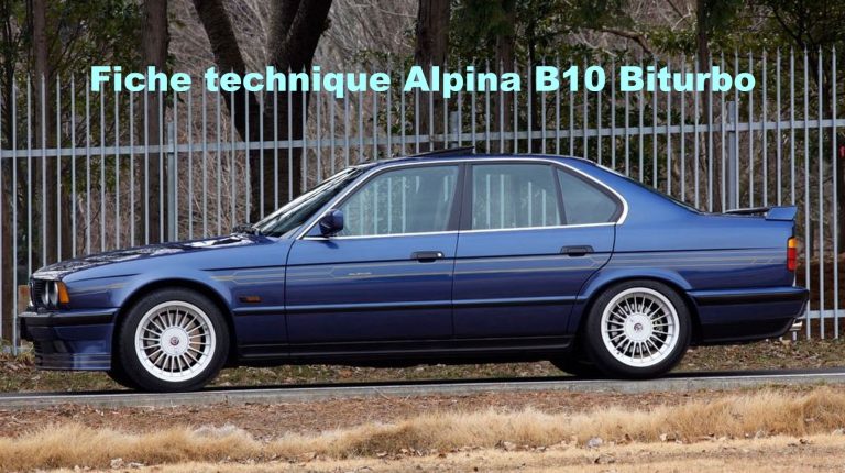 BMW Alpina B10 Biturbo bleue avec texte fiche technique Alpina B10 Biturbo sur l’image.