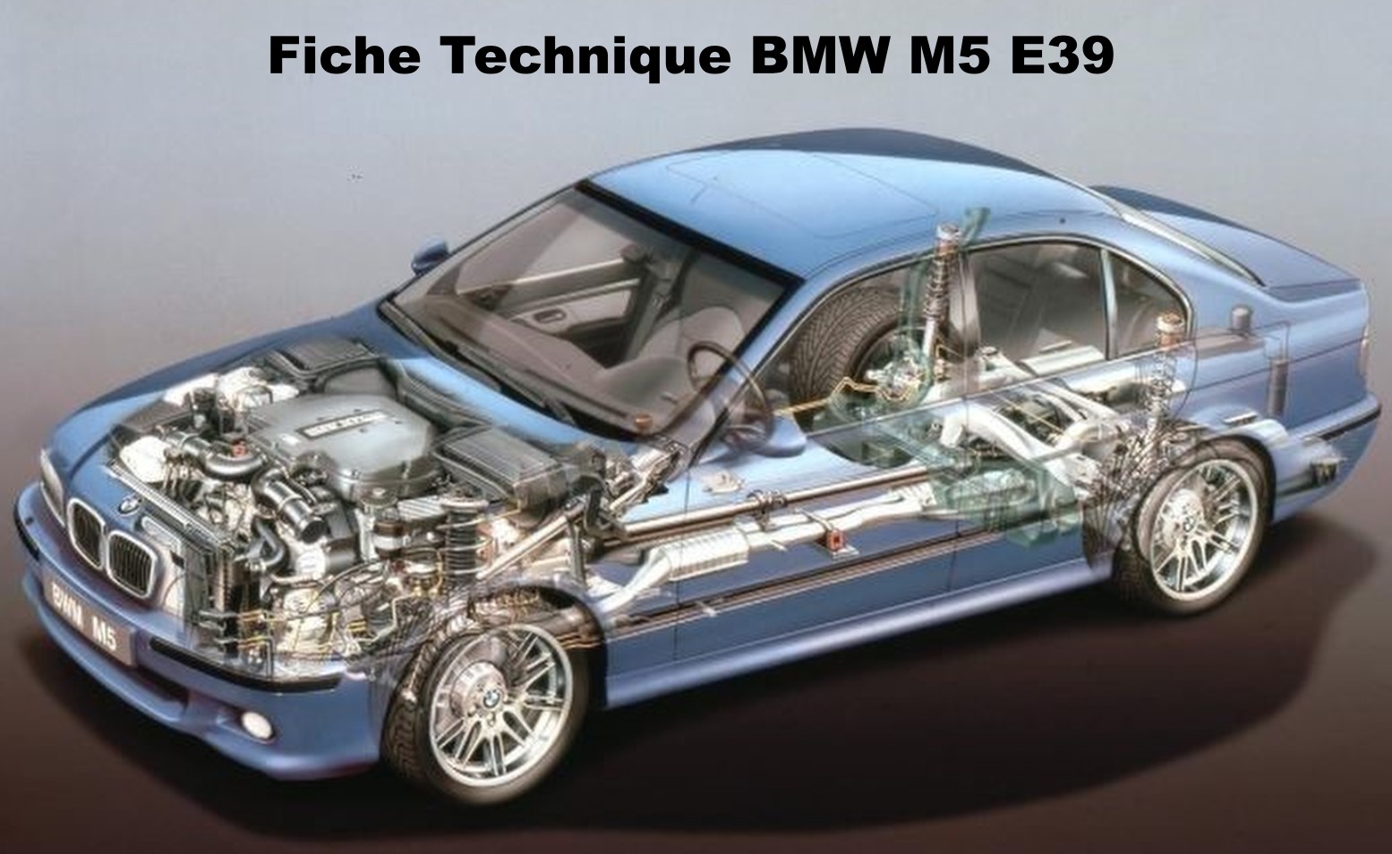 Éclaté technique de la BMW M5 E39 avec V8 visible et texte fiche technique BMW M5 E39.