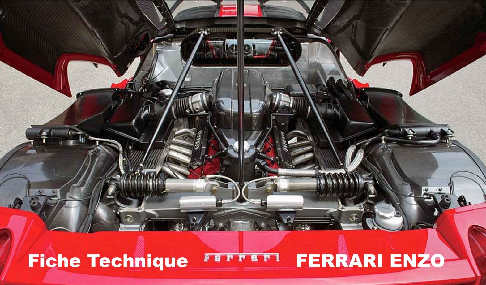 Compartiment moteur de la Ferrari Enzo avec V12 visible et texte fiche technique Ferrari Enzo.