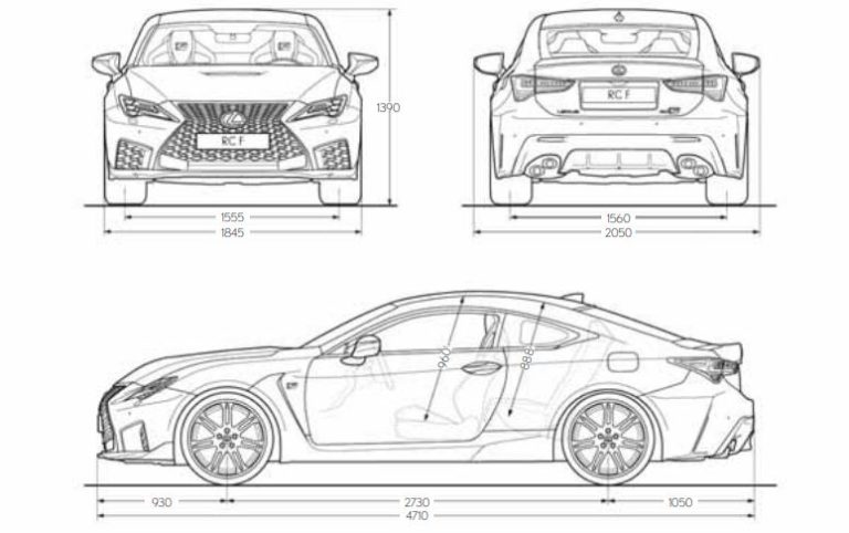 Plan technique de la Lexus RC F avec dimensions et vues avant arrière du coupé V8 japonais.