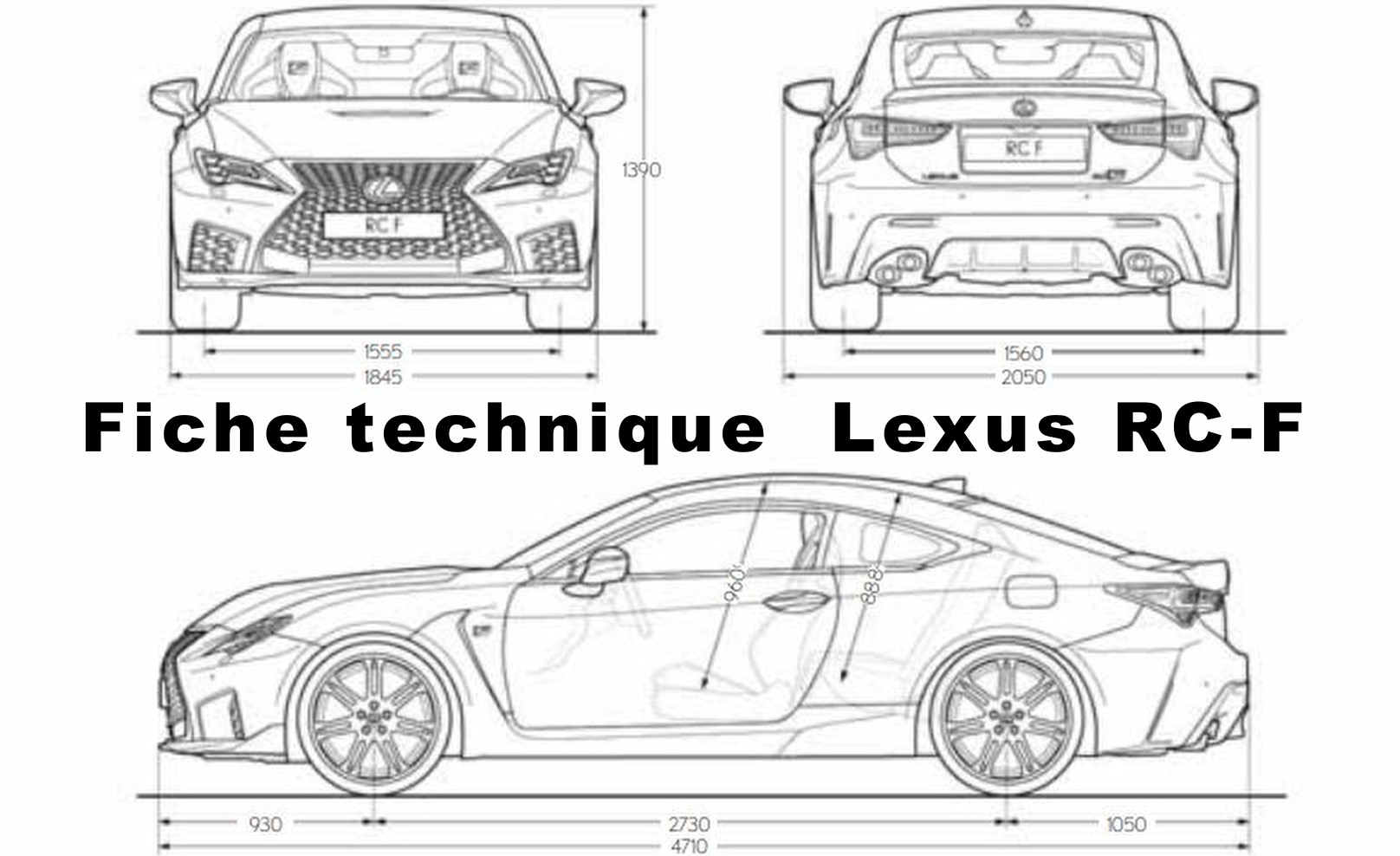 Plan technique de la Lexus RC F avec dimensions et vues avant arrière du coupé V8 japonais.