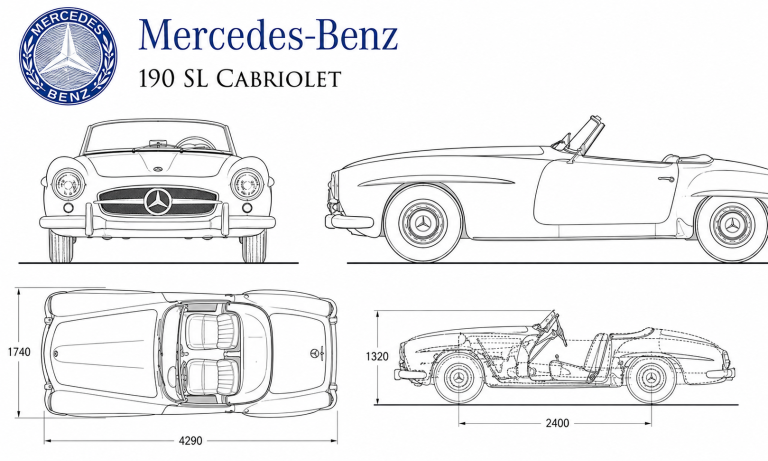 Plan technique de la Mercedes-Benz 190 SL Cabriolet avec vues multiples et dimensions principales.
