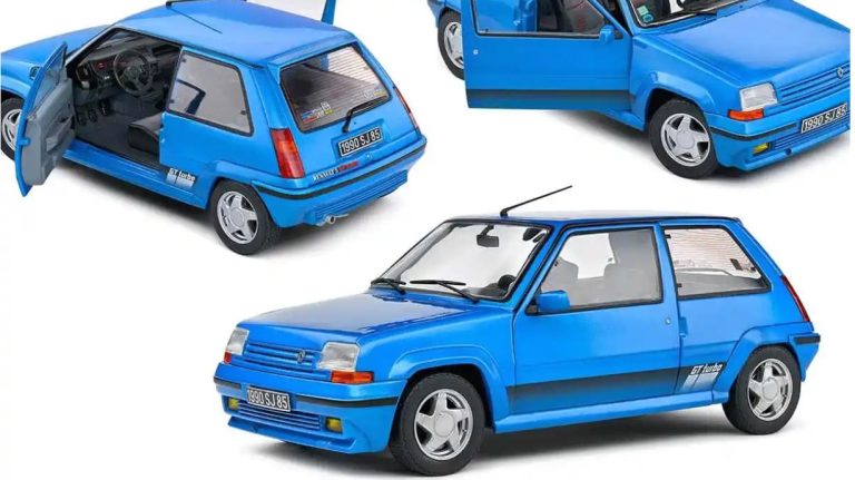 Renault 5 GT Turbo Phase 2 bleue vue sous plusieurs angles avec intérieur visible.