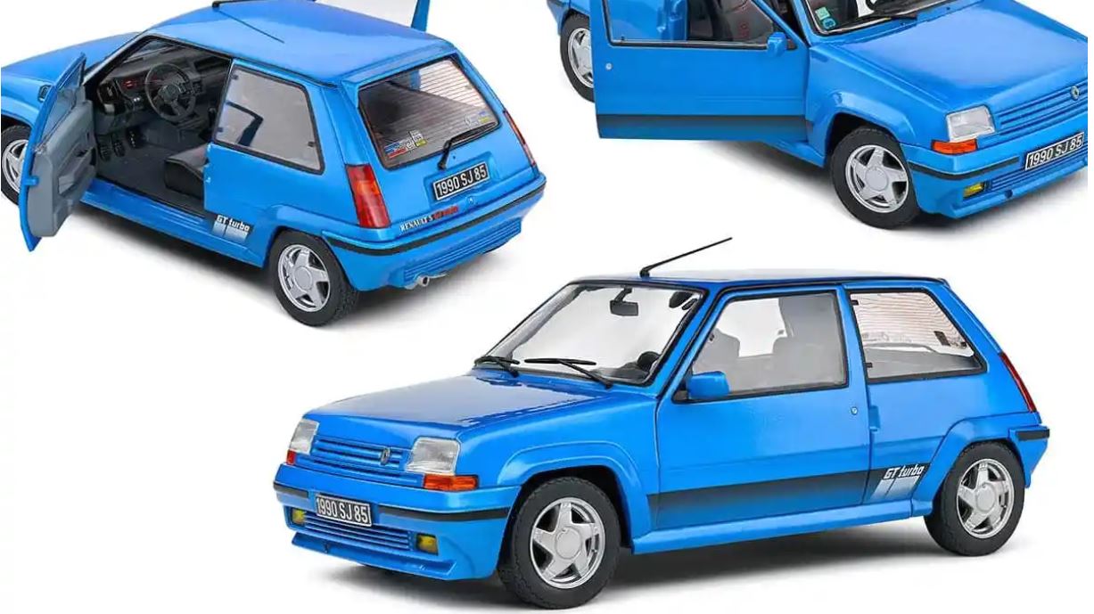 Renault 5 GT Turbo Phase 2 bleue vue sous plusieurs angles avec intérieur visible.