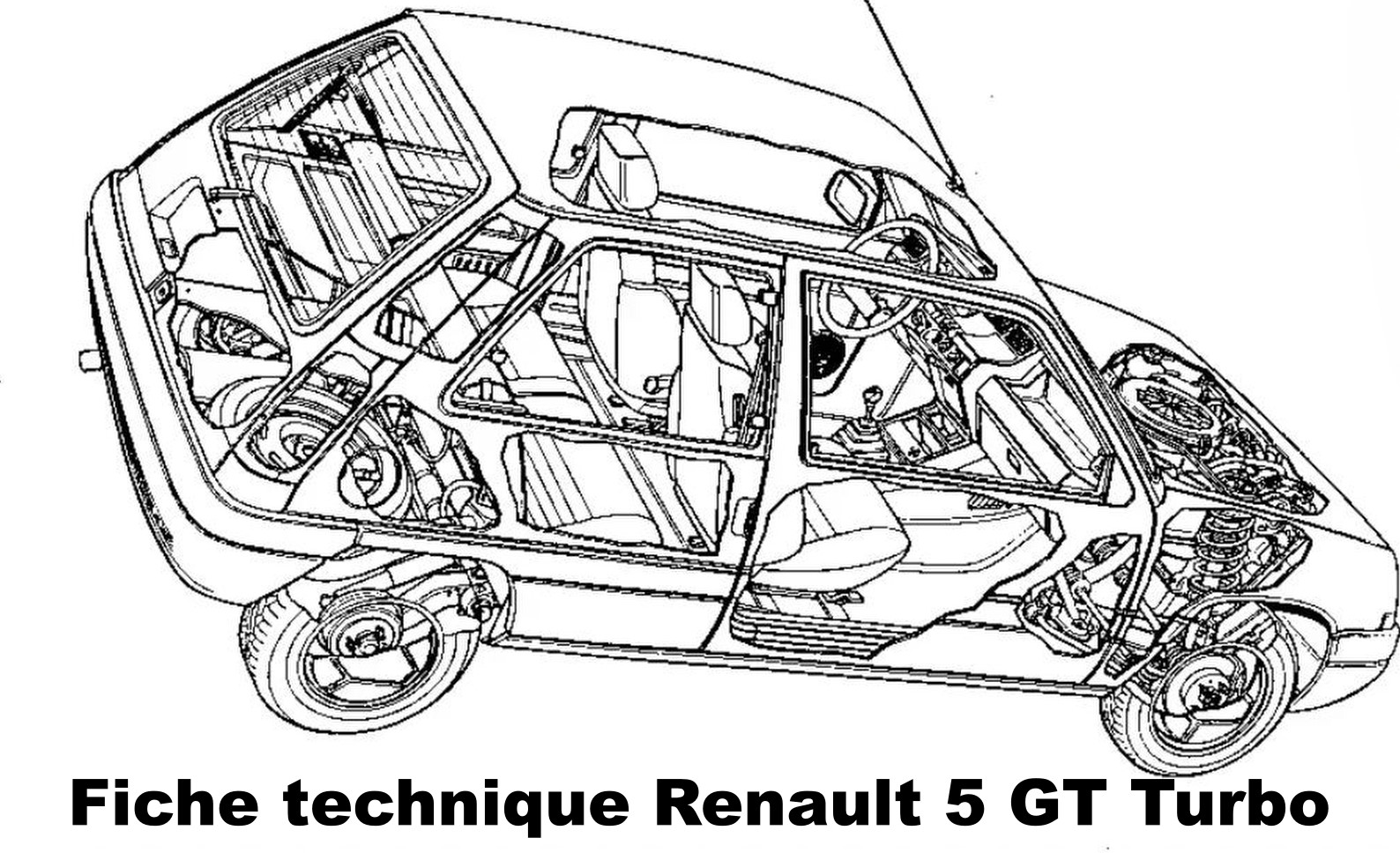 Éclaté technique de la Renault 5 GT Turbo avec moteur avant visible et texte fiche technique Renault 5 GT Turbo.