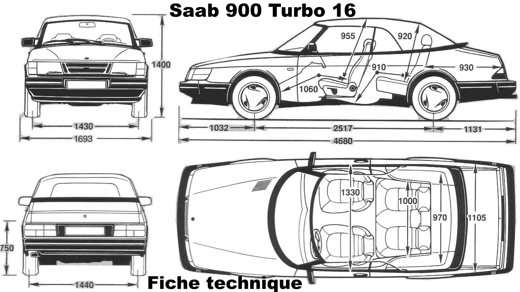 Plan technique de la Saab 900 Turbo avec vues avant, profil, arrière et dessus.