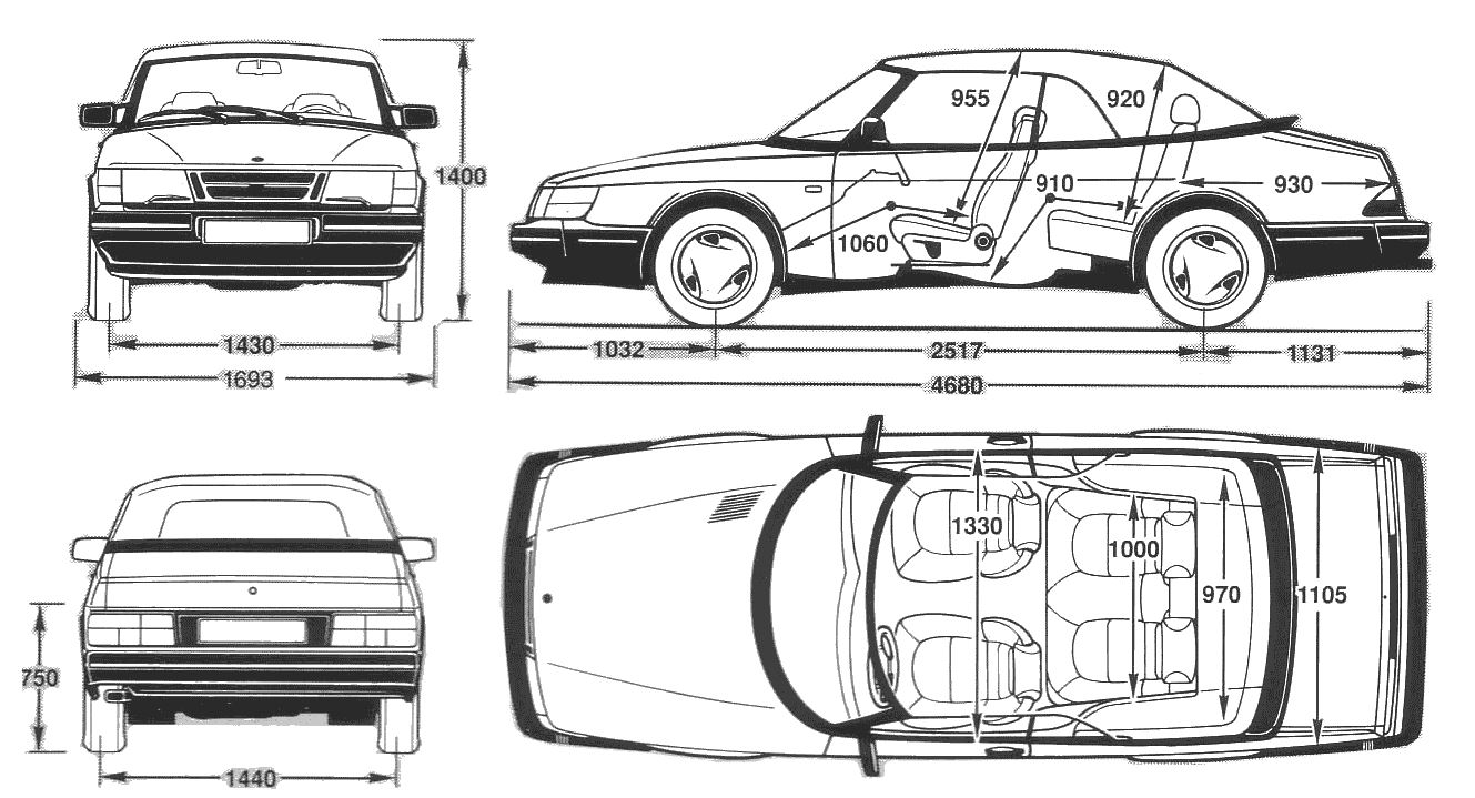 Plan technique de la Saab 900 Turbo avec vues avant, profil, arrière et dessus.