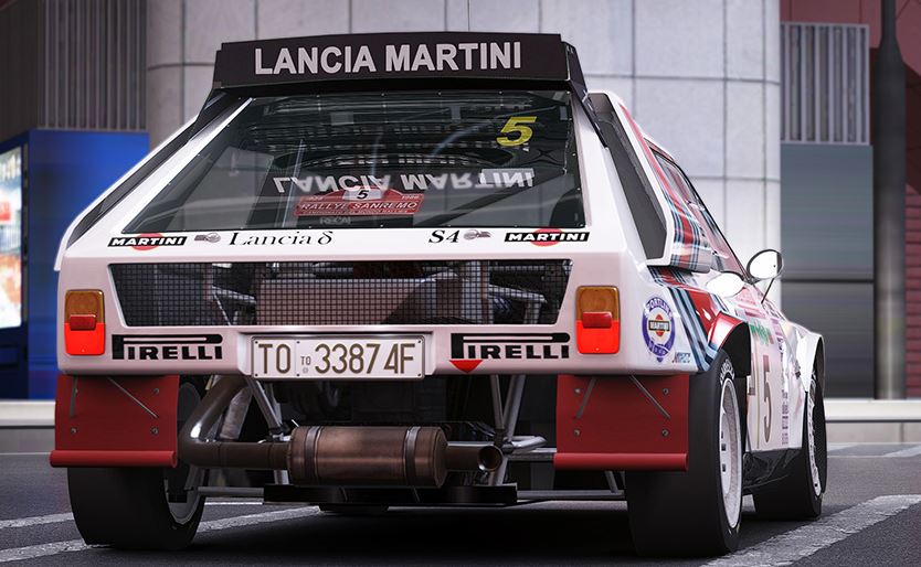 Lancia Delta S4 vue arrière avec échappement et transmission apparente