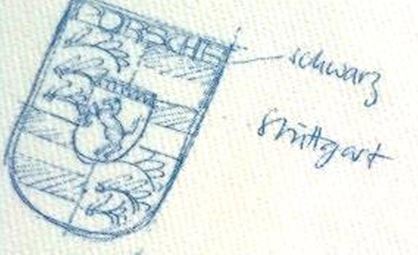 Croquis ancien attribué à Ferry Porsche pour la création du blason Porsche en 1952