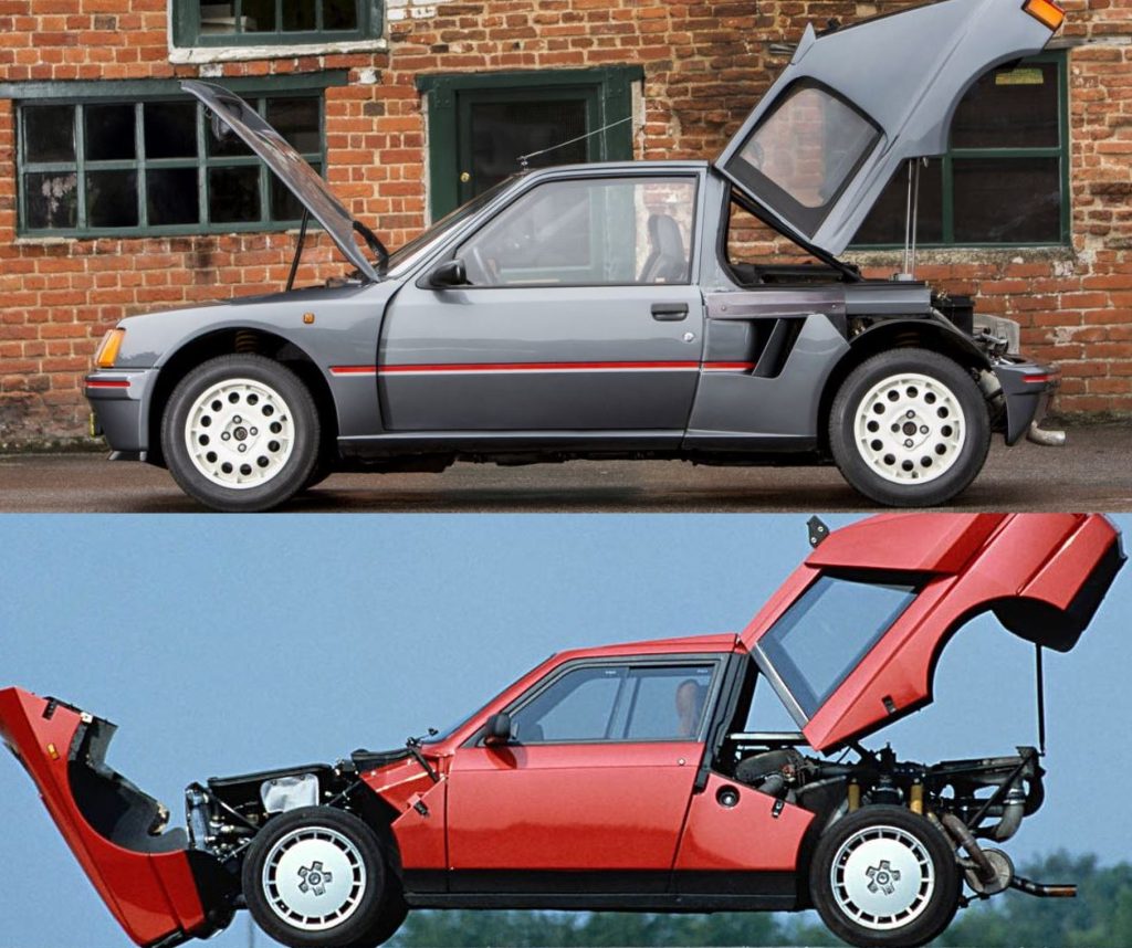 Peugeot 205 T16 et Lancia Delta S4 de profil capots ouverts architecture moteur centrale arrière
