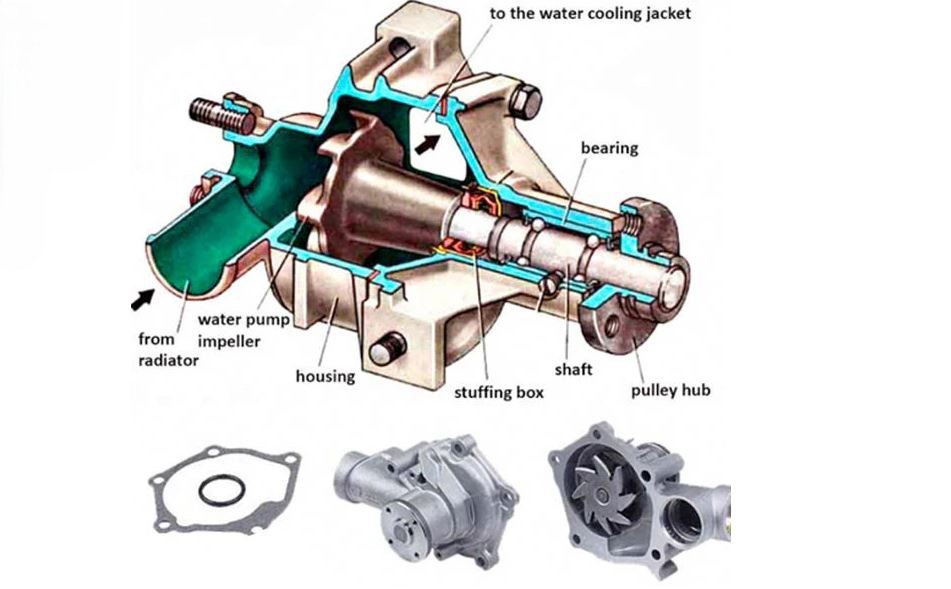 Schéma pompe à eau voiture fonctionnement turbine et circulation liquide