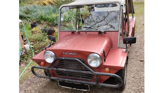 Mini Moke 1987 rouge stationnée dans un jardin avant restauration