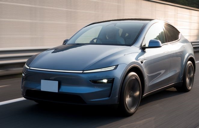 Tesla Model Y grise en circulation illustrant le succès du SUV électrique Tesla