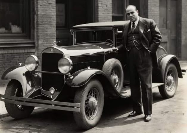 Al Capone posant devant un coupé américain noir pendant la Prohibition