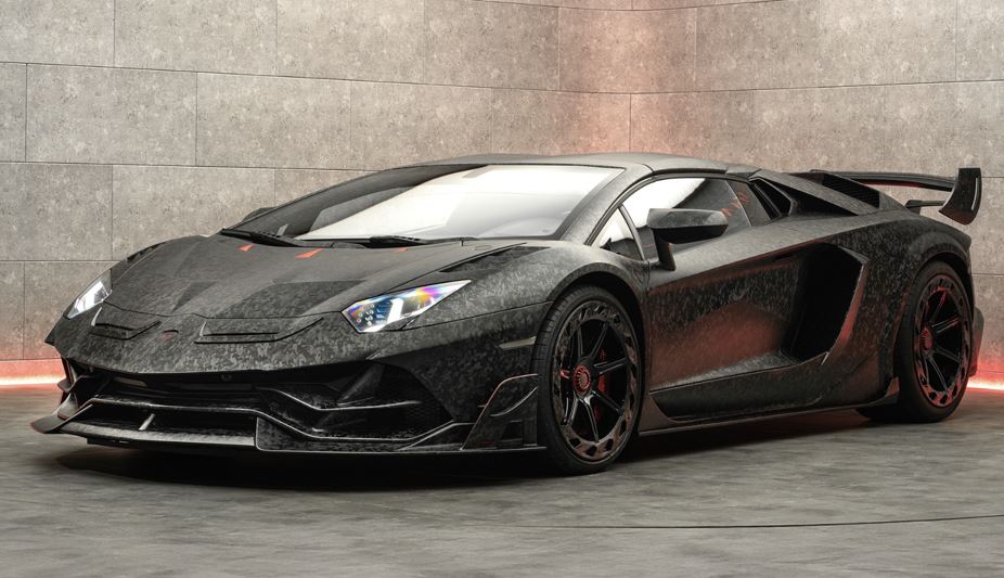 Lamborghini Aventador noire préparation carbone style Kanye West vue avant