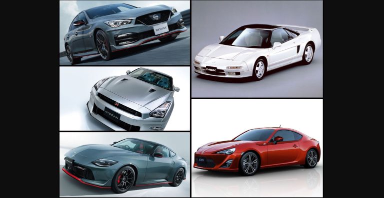 Montage de voitures japonaises emblématiques avec Nissan GT-R, Honda NSX et Toyota GT86