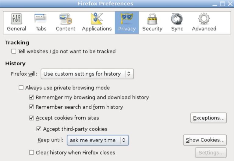 Interface des paramètres de confidentialité de Firefox affichant les options de gestion des cookies et du suivi de la navigation sur Internet.