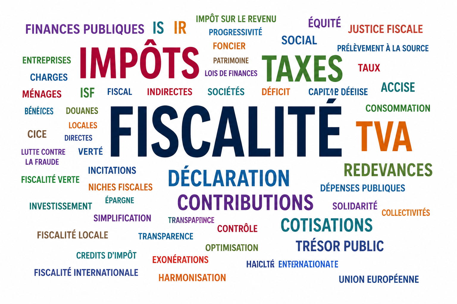 Nuage de mots coloré consacré à la fiscalité, regroupant des termes comme impôts, taxes, TVA, cotisations, contributions et finances publiques.