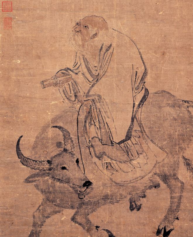 Représentation traditionnelle de Lao Tseu monté sur un buffle, illustration associée à la philosophie taoïste et à la recherche de sagesse dans le moment présent.