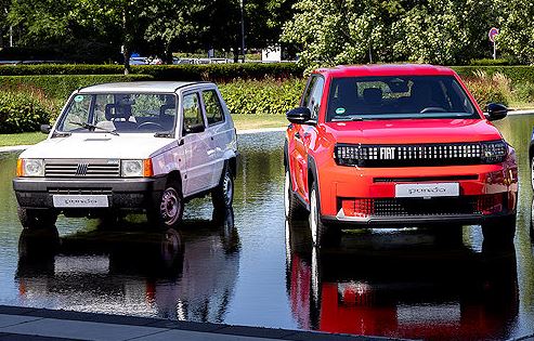 Comparaison entre une Fiat Panda des années 1980 et une Grande Panda électrique moderne illustrant l’augmentation du gabarit des citadines.