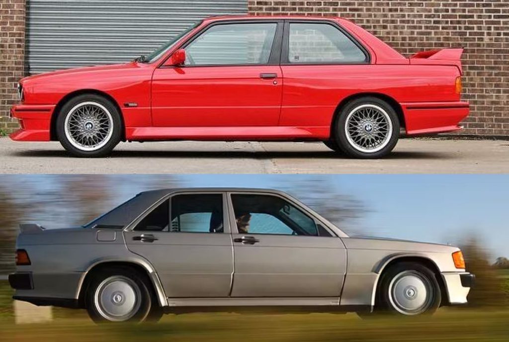 BMW M3 E30 rouge et Mercedes 190 E 2.5-16 grise vues de profil