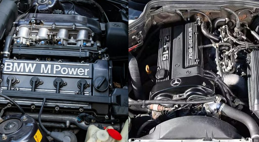 Moteurs BMW M3 E30 et Mercedes 190 E 2.5-16 côte à côte