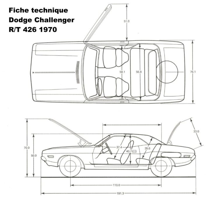 Vue en plan et profil avec cotes dimensionnelles de la Dodge Challenger R/T 426 Hemi de 1970