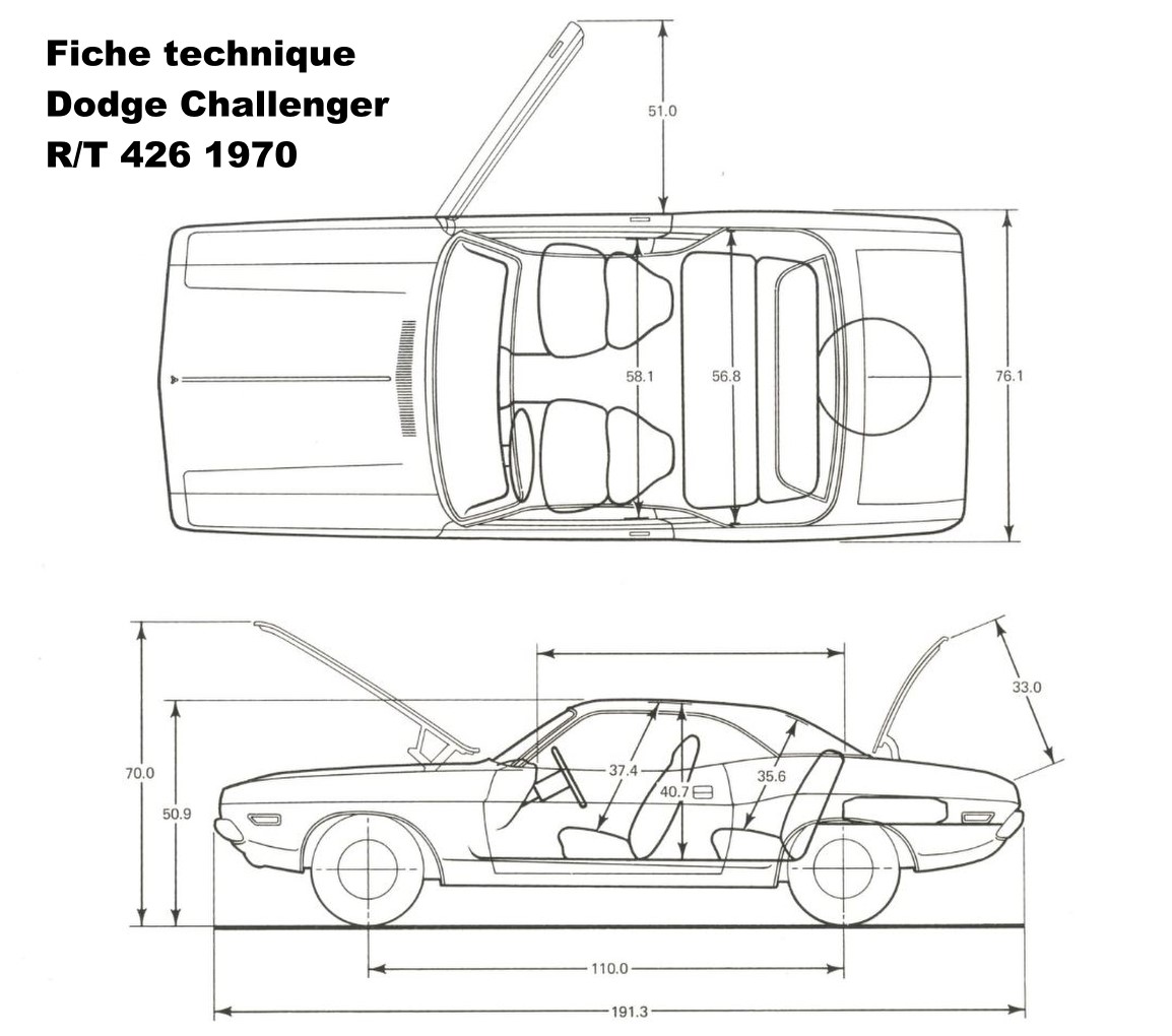 Vue en plan et profil avec cotes dimensionnelles de la Dodge Challenger R/T 426 Hemi de 1970