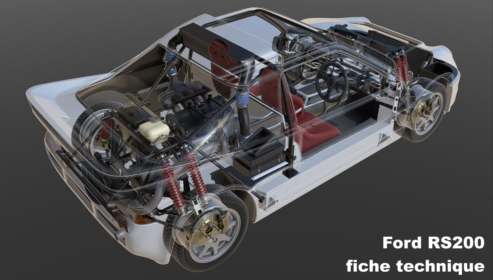 Vue transparente de la Ford RS200 montrant le châssis tubulaire, le moteur central et la transmission intégrale