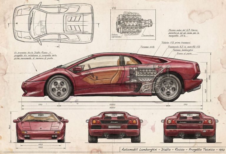 Illustration technique de la Lamborghini Diablo montrant le V12 central arrière, l'habitacle et les dimensions de la supercar italienne