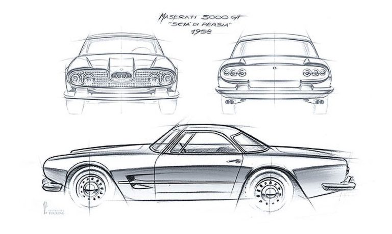 Croquis de la Maserati 5000 GT montrant les vues de face, de profil et de l'arrière du coupé italien